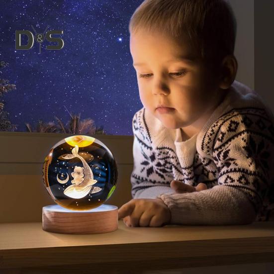 Ночной светильник в виде стеклянного шара с деревянной основой, 7 цветов, удобная в использовании 3D-светильник в виде солнечой системы, хрустальный шар, ночник, настольный декор