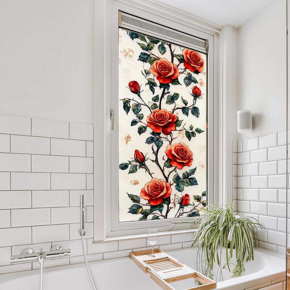 Painted Rose Flower Balcony Glass Window Beautification and Decoration Static Electricity Window Stickers