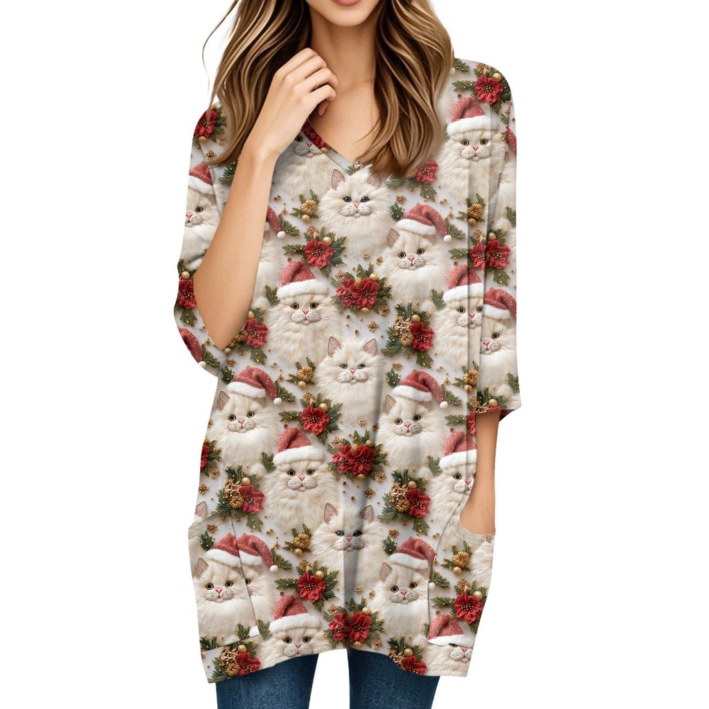 Женские топы с V-образным вырезом и рукавом 3/4, повседневные блузки средней длины, модные туники с рождественским принтом и карманами