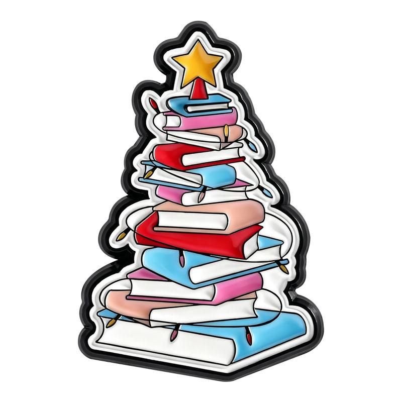 Christmas Books Tree Enamel Pins Bookworm Brooches Lapel Badges Cartoon Bookish Reading Jewelry Gift for Reader Friends