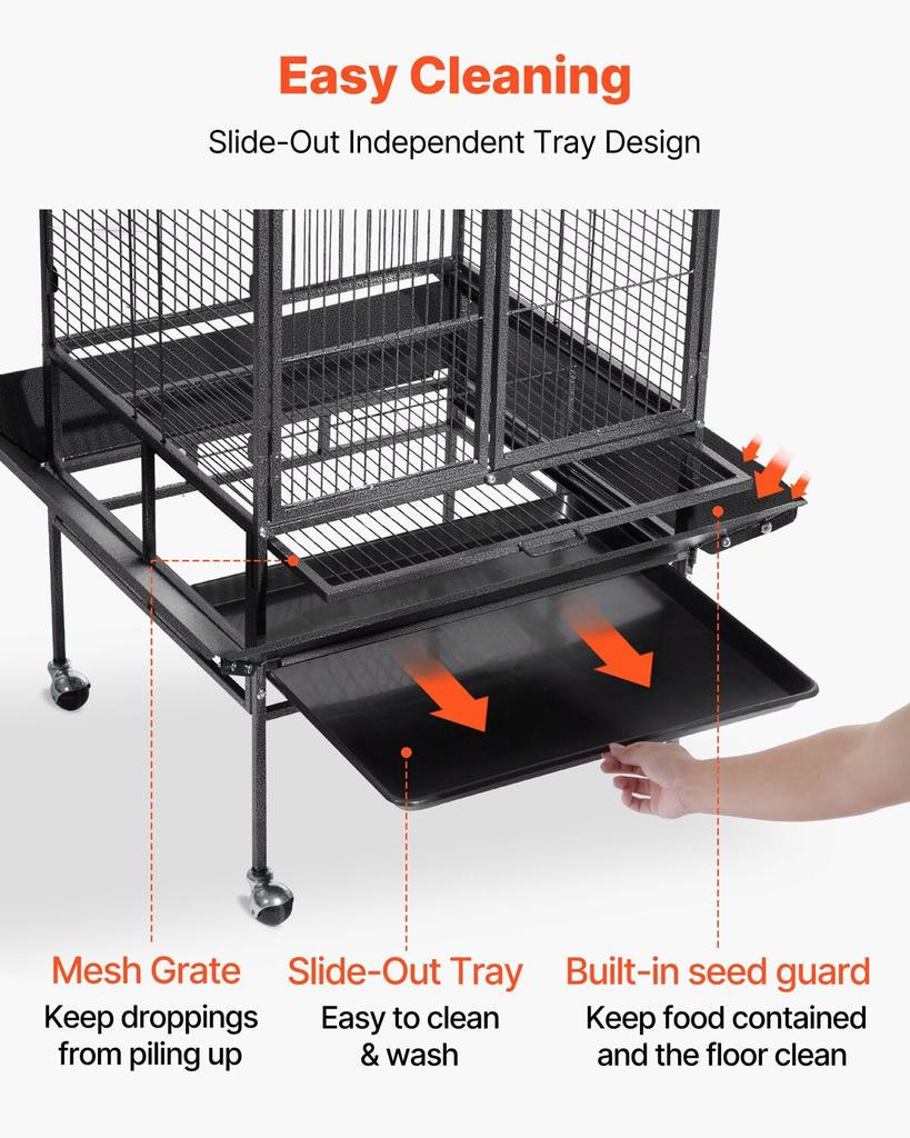 Bird Cage, 830 x 790 x 2100 mm, Open Flat Top, Wrought Iron Bird Flight Cage with Perches, Slide-Out Tray, Plastic Feeders, for Cockatiel, Monk