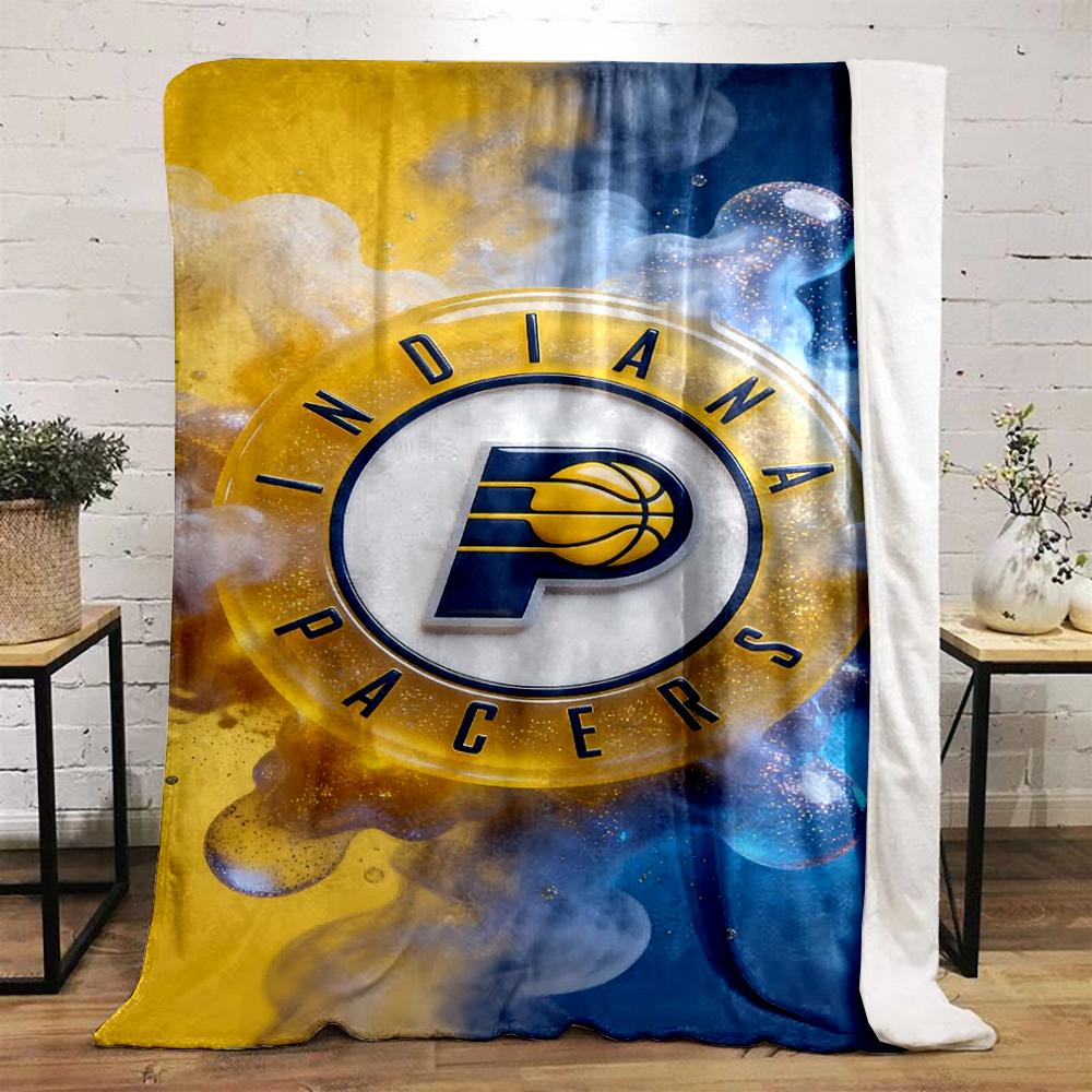 Indiana Pacers logo with yellow and blue theme. Flannel blanket for bedroom, living room, sofa, and nap sofas.