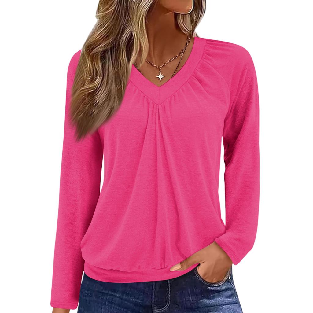 Women's Casual Fashion V-Neck Raglan Pleated Solid Color Long Sleeve Top