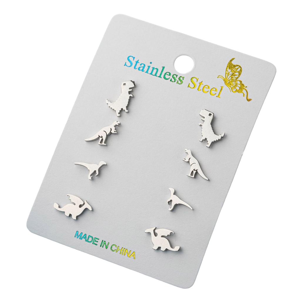 4 пары сережек-гвоздиков в виде динозавров. Креативные аксессуары для ушей. Серьги-гвоздики в виде животных, подходящие для подростков и молодых любителей моды.