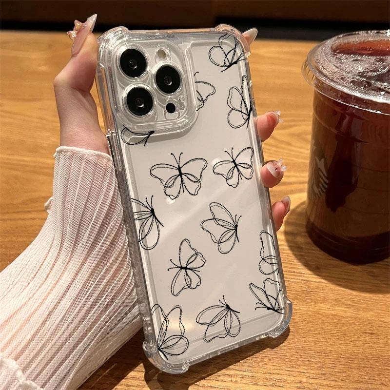 Leaf Flower Butterfly Line Art Phone Case Clear For iPhone 17 16 14 15 11 12 13 Pro Max 16E 15 Plus 17 Air Soft Shockproof Cover