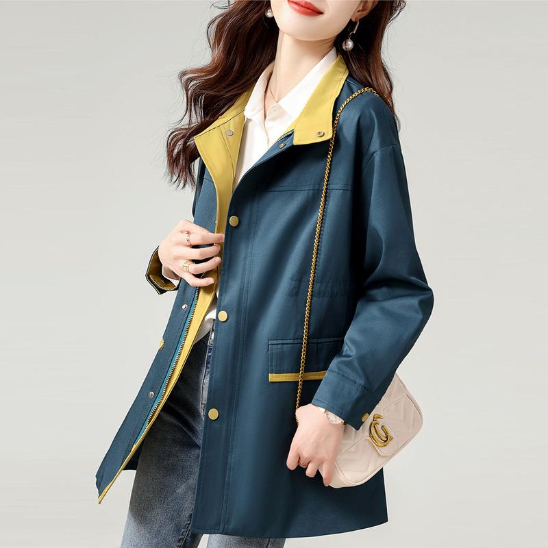 New Autumn Style Contrasting Color Waist-hugging To Make You Slim Commuting Simple and Versatile Mid-length Windbreaker