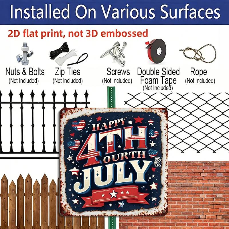 2D Flat, 1pc Vintage 4th of July Metal Wall Sign -Aluminum Patriotic Stars & Stripes Decoration with Happy 4th of July Lettering, Red White Blue