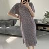 Summer Women Dress Small Flower Print Crew Neck Loose Short Sleeves Pleated Mid-calf Length Pullover Dating Shopping Midi Dress