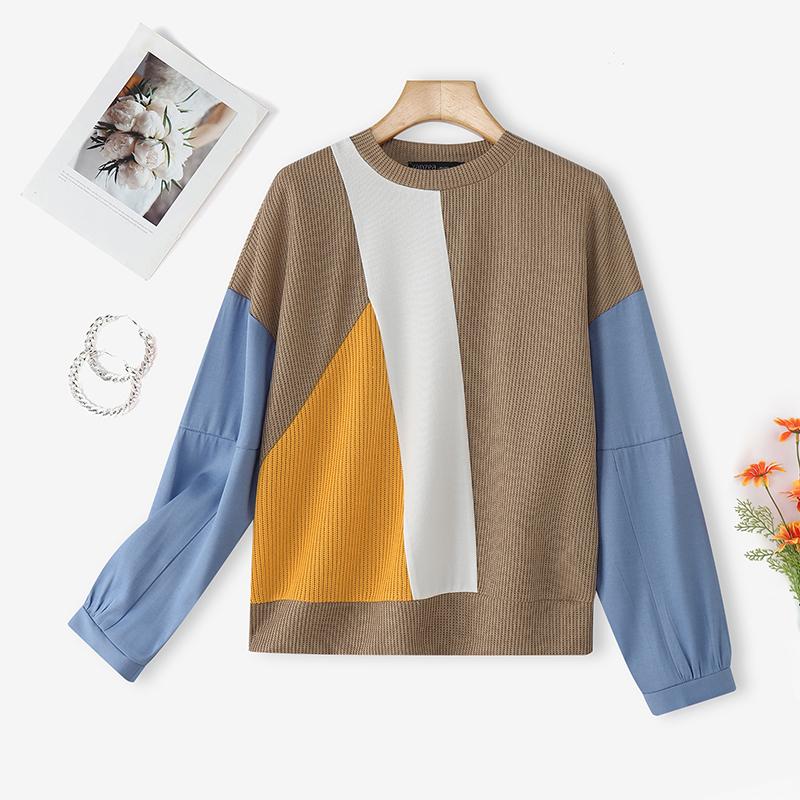 ZANZEA Women Casual Round Neck Long Sleeve Loose Patchwork Pullover Sweatshirt