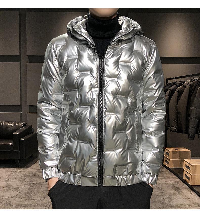 Мужской серебристый блестящий зимний пуховик, мужской теплый короткий белый утиный пух с капюшоном