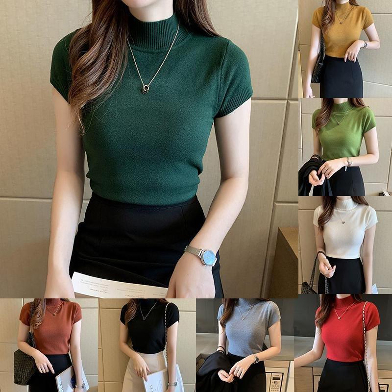Spring and Summer Half Turtleneck Bottoming Shirt T-shirt Women's Half-sleeved Knitted Sweater Inner Sweater Short Slim Top