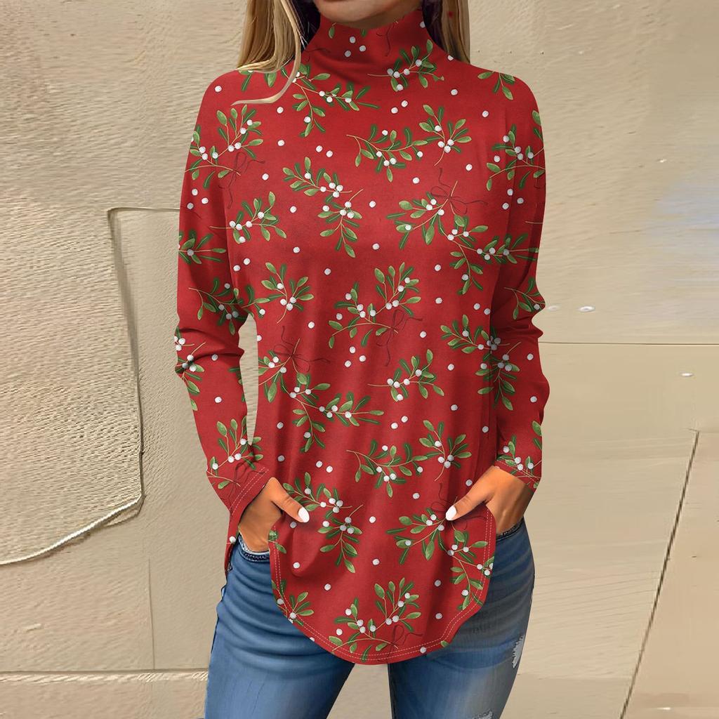 Футболки для женщин, осенние повседневные рубашки с длинными рукавами, толстовка с винтажным принтом, топ с высоким воротом, пуловер