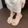 Summer Bow Open Toe Fashion Versatile Pearl One Strap Square Heel Shoes Women's Square Toe Non-Slip Sandals