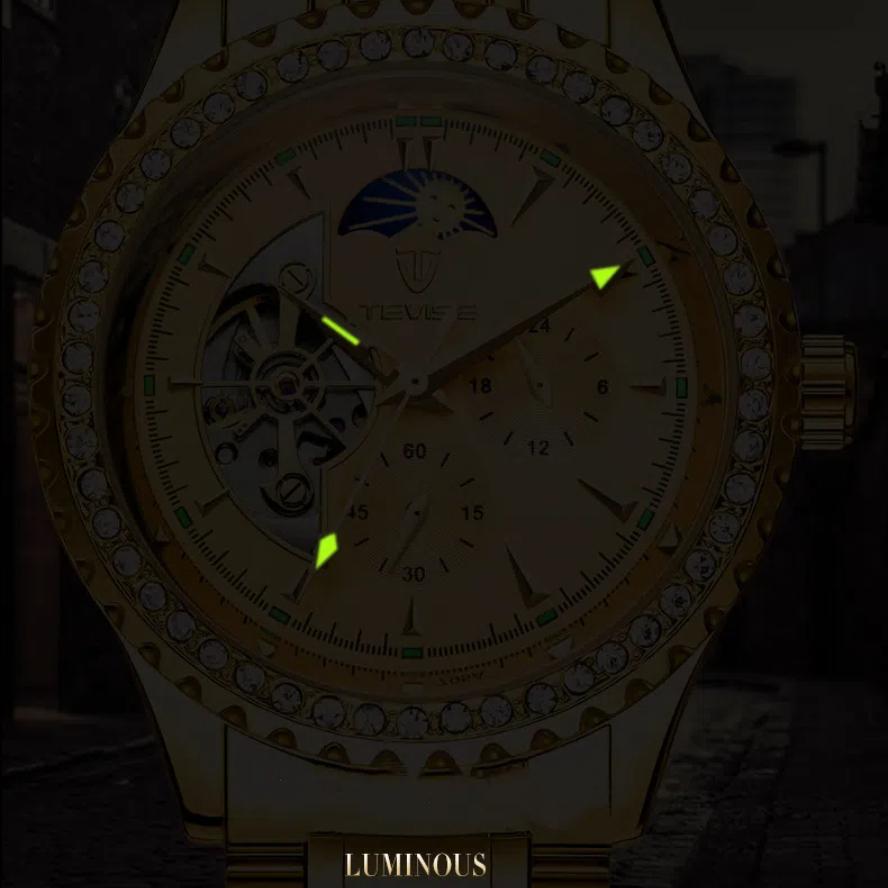 TEVISE Новые мужские механические часы с турбийоном, золотые часы с бриллиантами, деловые полностью автоматические механические часы, водонепроницаемые, светящиеся