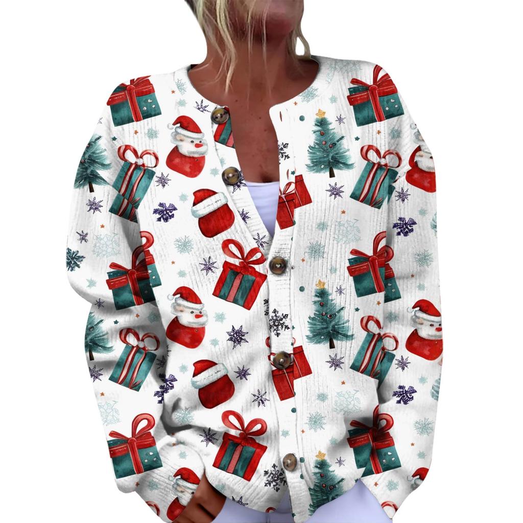 Women's Fashion Christmas Printed Long Sleeve Knitted Cardigan Button Down Jacket