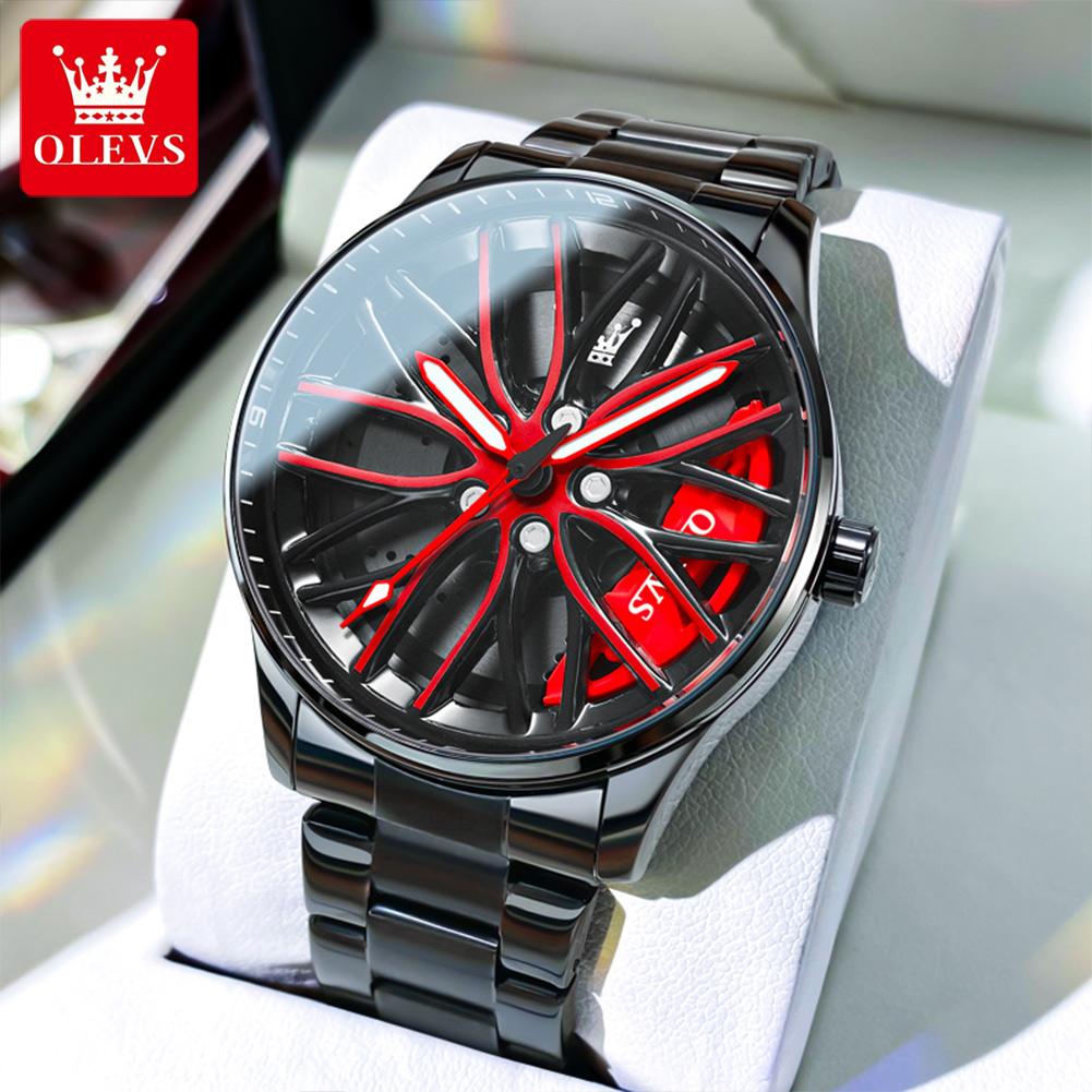 OLEVS Men Quartz Watch Car Wheel Rim Hub Dial Male Wristwatch Cool Man Black Red Waterproof Watches Full Steel Relogio Masculino