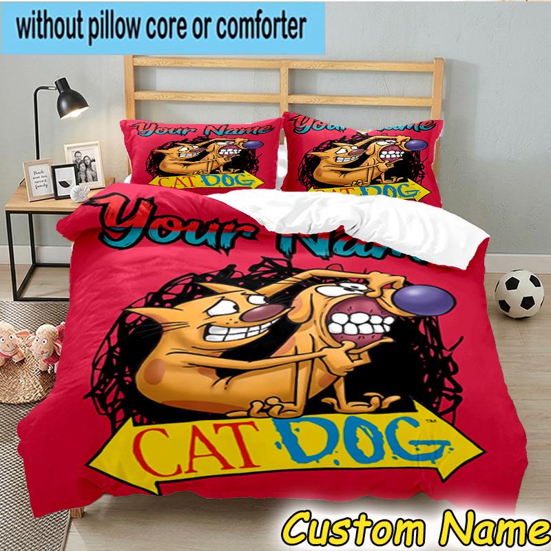 3pcs Custom Name Cat Dog Adventure Bedding Set Includes 1 Duvet Cover & 2 Pillowcases for All Seasons Dormitory Home Decor Christmas gifts