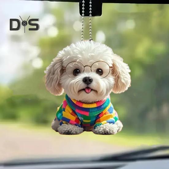 Cute Puppy Pendant Car Mirror Hanging Ornament Acrylic Dog Keychain Christmas Tree Decor Backpack Charm Gift for Women Girls