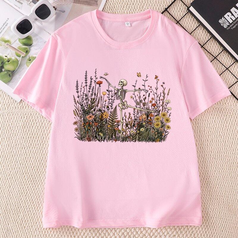 Skeleton Dancing Wildflower Tshirt Unisex Botanical Floral Cottagecore Nature Lover Tshirt Casual Round Neck Short Sleeve Tees