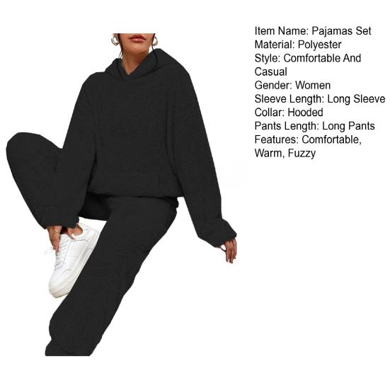 Women's Fuzzy Fleece Pajamas Set Winter Plush Pullover Hoodies And Pants Lounge