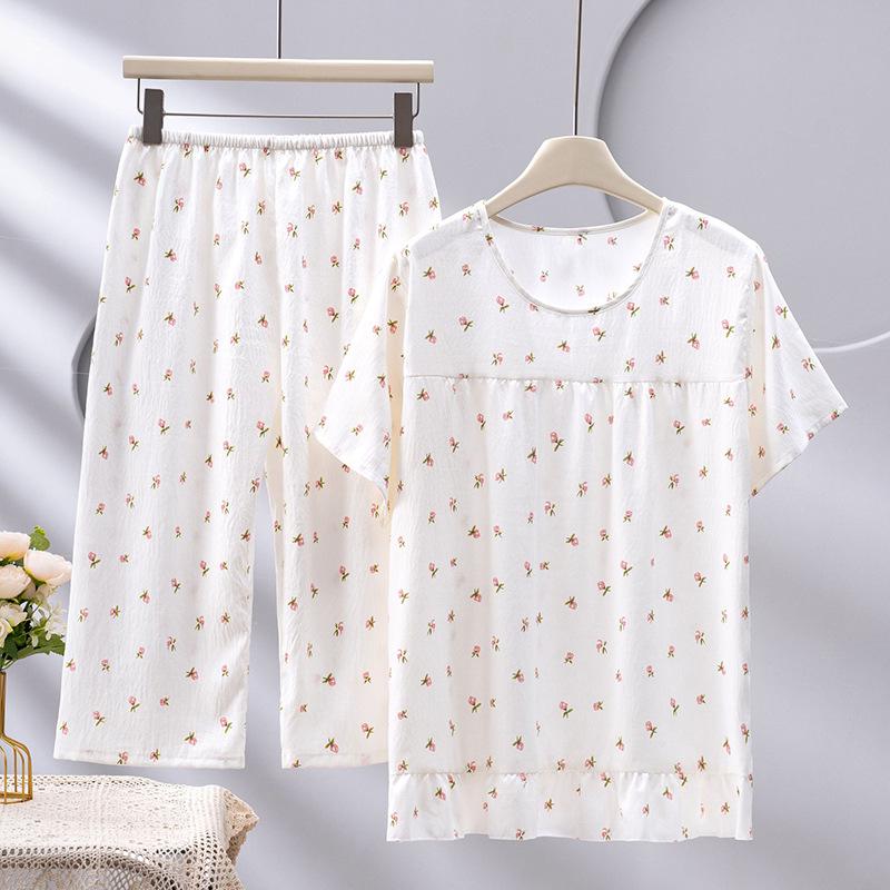 Женский пижамный комплект 2026 Cloud Cotton: Тонкий топ с коротким рукавом и длинные брюки на весну/осень, идеально подходят для улицы и высококачественной домашней одежды.