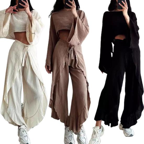 2 Pcs/Set Women Crop Top Pants Set Long Sleeve Boat Neck Short Top High Waist