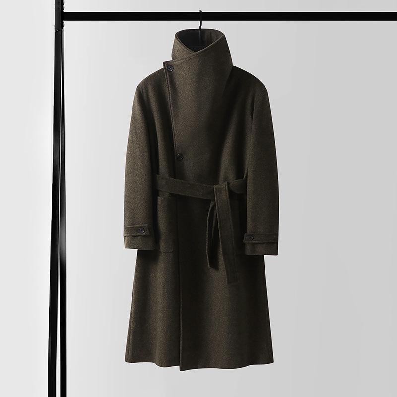 Мужской асимметричный длинный кашемировый пальто с воротником-стойкой и поясом - Большой размер, свободный крой, верхняя одежда для осени и зимы.