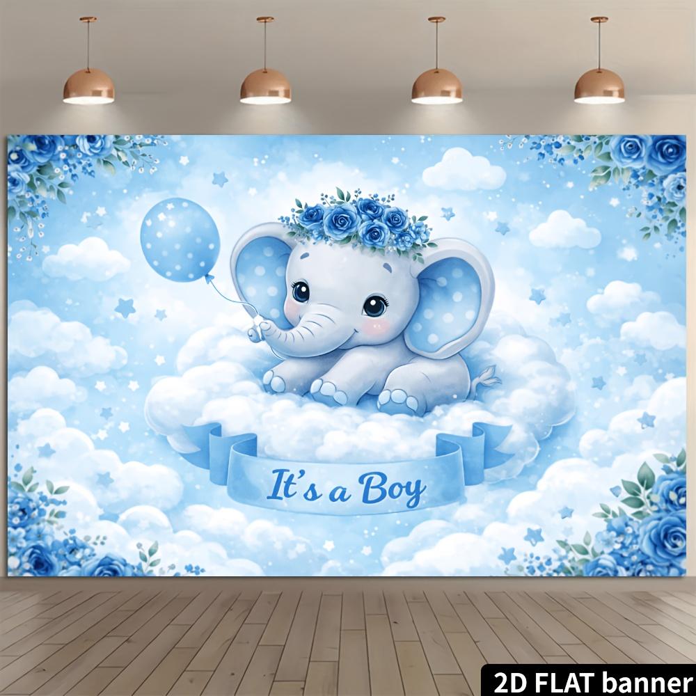 2D Plane Cloud Elephant Theme Background Cloth - Light Blue Dreamy Style Decorated with Balloons Stars and Blue Roses