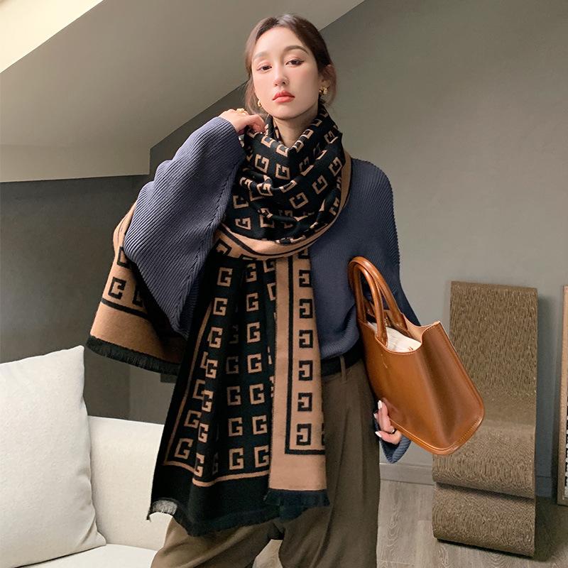 New Autumn and Winter Letter Medium and Long Imitation Cashmere Scarf Retro Women's Scarf Thickened Warm Women's Shawl