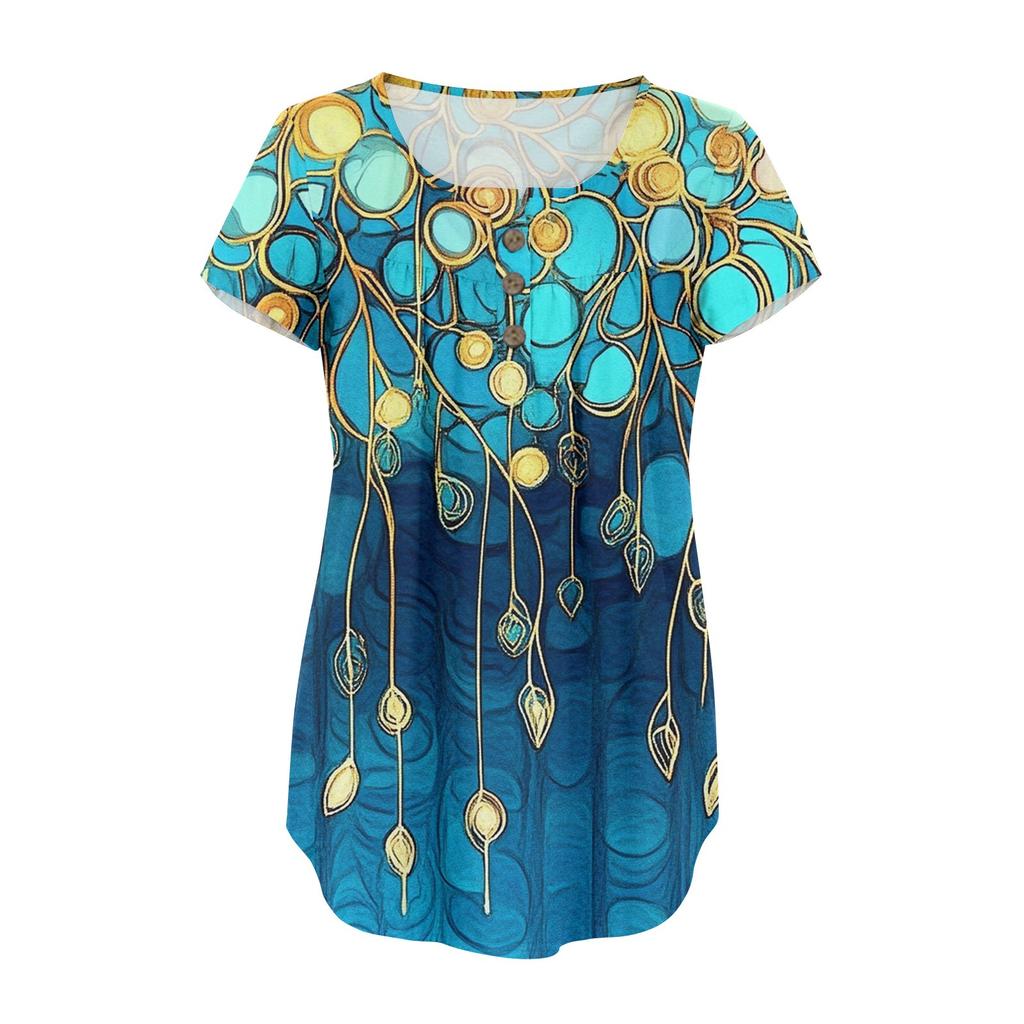 Women Tunic Tops Dressy Casual Summer Short Sleeve Shirts Loose Fit Pleated Boho Top