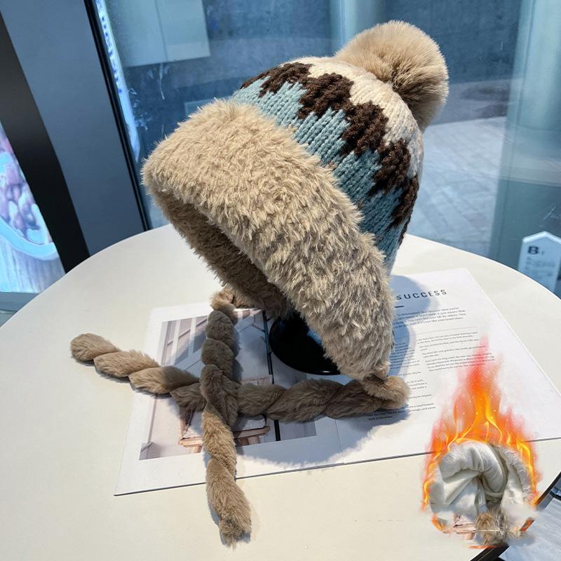 Женская вязаная шапка в стиле Fair Isle, зимняя теплая бини, двухслойная, с флисовой подкладкой, утолщенная, с помпоном, с защитой ушей, на завязках, вязаная шапка