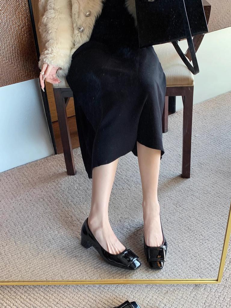 Виноградная Мама Сиэтл Ночь~ Весна Квадратная Пряжка Коммьютер Толстый Каблук Легкий Вырез Туфли на Высоком Каблуке Квадратный Носок Темперамент Средний Каблук Одинарные Туфли