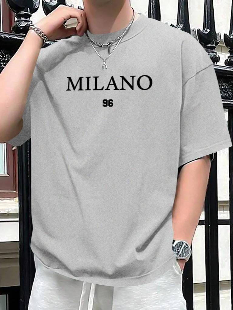 Summer New Men 100% Cotton Loose Size MILANO 96 Letter Printed Slim-fit Casual Sports Round Neck Short Sleeve T-shirt Top
