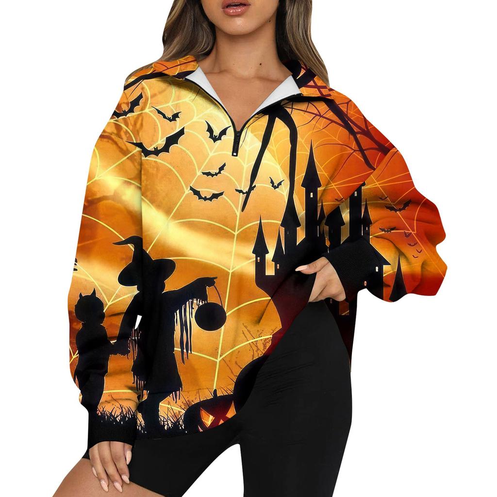 Women's Fashion Casual Long Sleeve Halloween Printed Zipper Turtleneck Drop Shoulder Sweatshirt Top