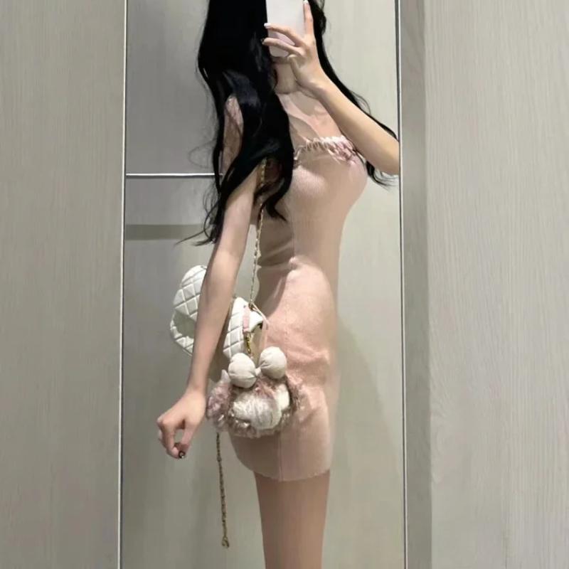 2023 японское милое трикотажное платье, костюмы, женский повседневный свитер с капюшоном, кардиган + Y2k, тонкое сексуальное платье на бретелях, элегантный комплект из 2 предметов, новый