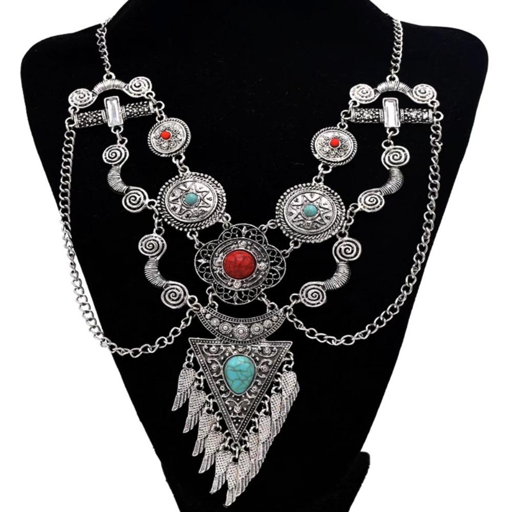 Vintage Ethnic Style Necklace Colorful Stone Tibetan Metal Necklace Retro Sweater Chains Women