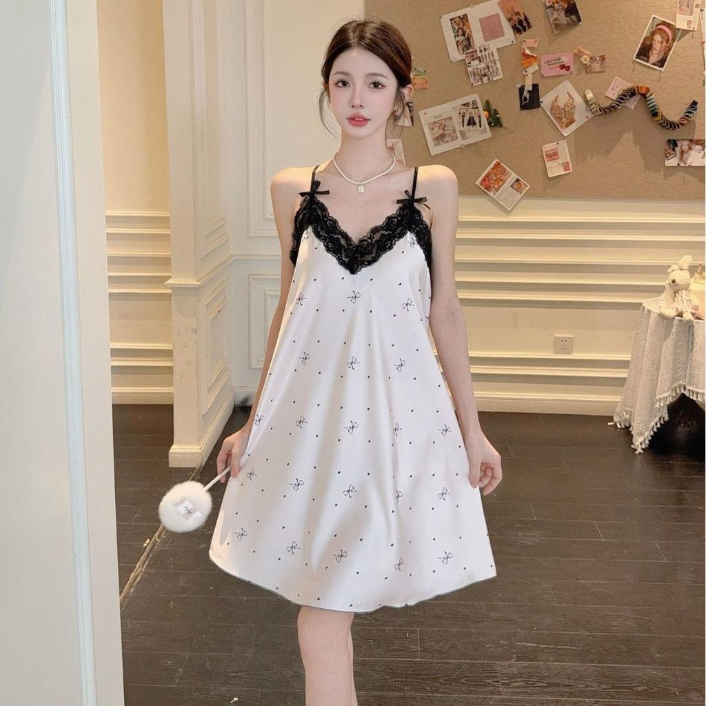 Summer ice silk new nightgown female sexy pure desire sweet lace princess style suspender skirt pajamas