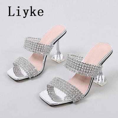 Модные Liyke Новый Бренд 9СМ Странный Высокий Каблук Женские Шлепанцы Модные Прозрачные ПВХ Стразы Сандалии Летняя Вечеринка Выпускной Обувь Женская