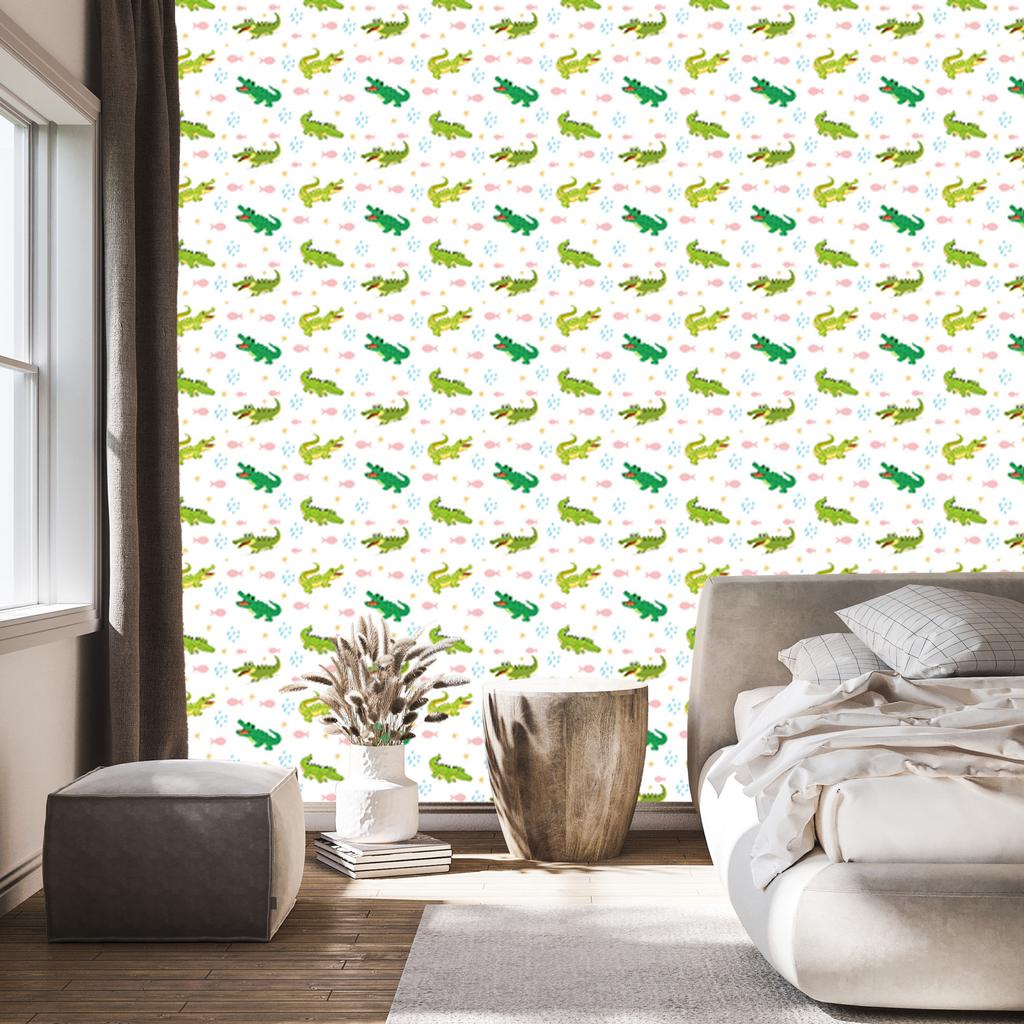 Crocodile wallpaper white, lime, green and cream 50x1000