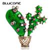 Green Enamel Cactus Brooch Kids Lady Crystal Plant Corsage Suit Scarf Dress Decoration Gold-color Jewelry Pins Bijoux
