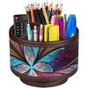 360° Swivel Pen Holder with 4 Compartments, PU Leather Multifunctional Desktop Storage Box/Remote Organizer Pencil Case for Art Supplies, Remotes