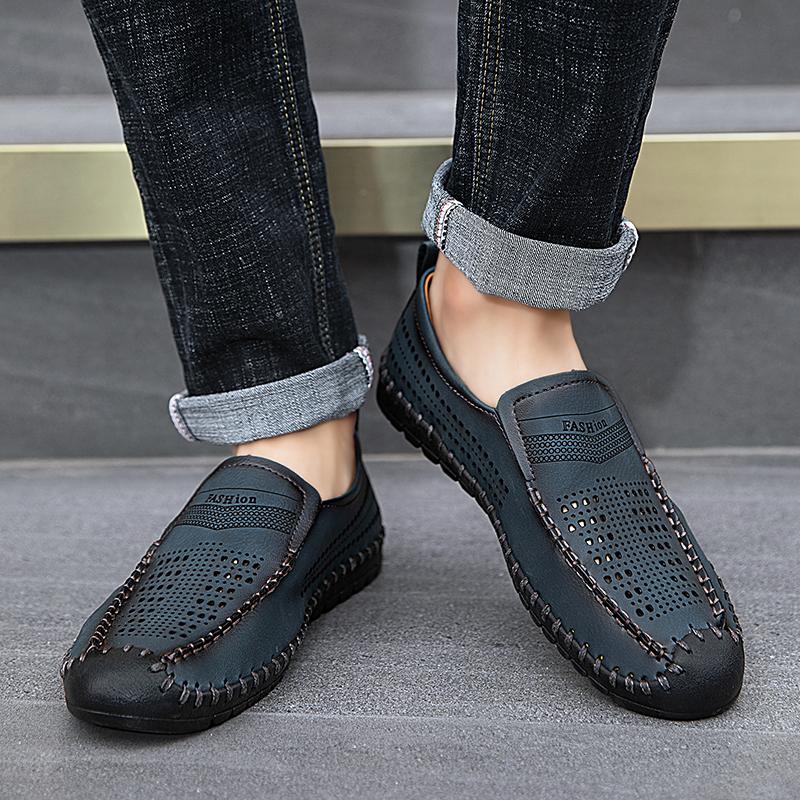Men's Genuine Leather Casual Shoes Slip On Hollow Shoes Summer Large Size 39-48