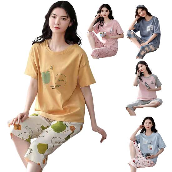 Домашняя одежда для сна с круглым вырезом, дышащая летняя футболка для сна с мультяшным принтом для девочек, комплект укороченных брюк, повседневная одежда