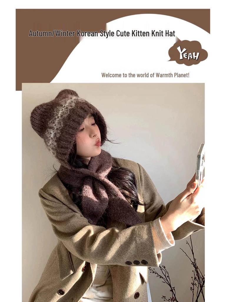 Женский милый комплект шапка и шарф с мишкой из смесовой шерсти - Зимний теплый, стройнящий и вязаный с ушками.