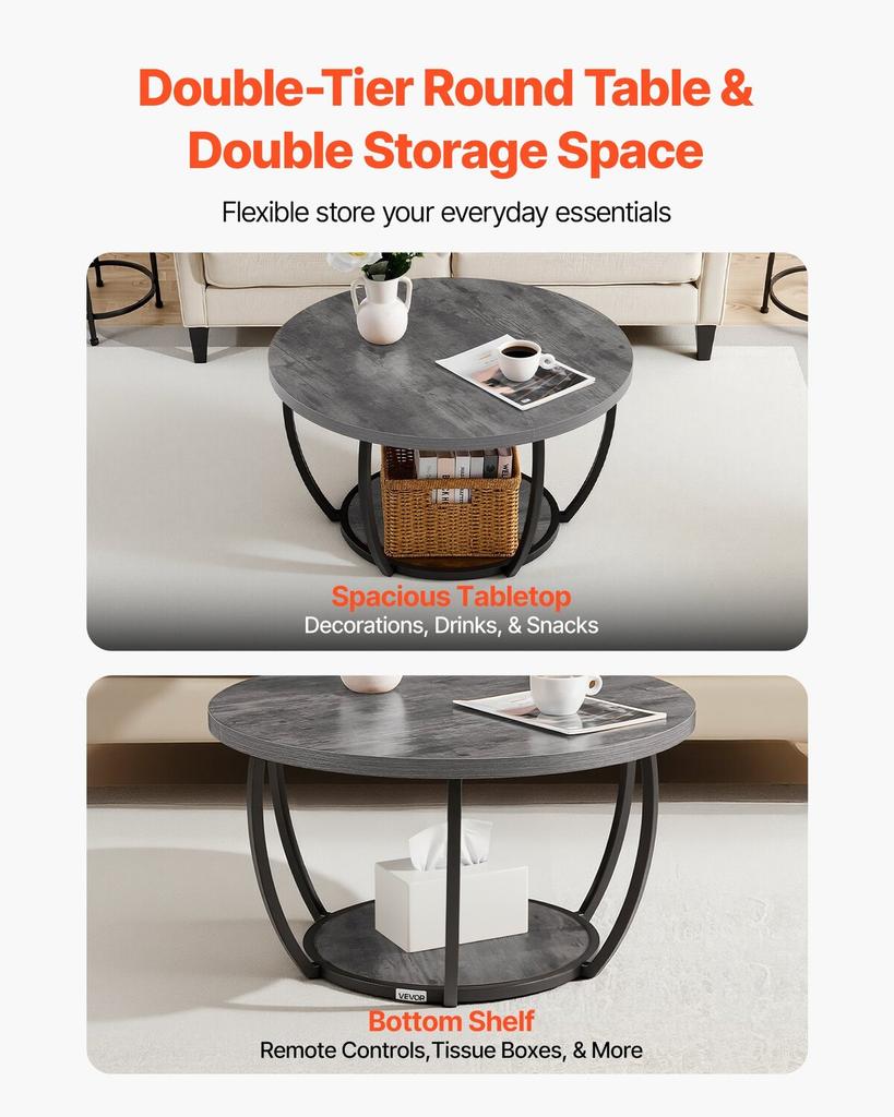 Coffee Table, Modern Round Coffee Table, 2 Tiers Wooden Circle Center Desk with Open Storage, Minimalist Sturdy Metal Frame Accent End Desk for Living