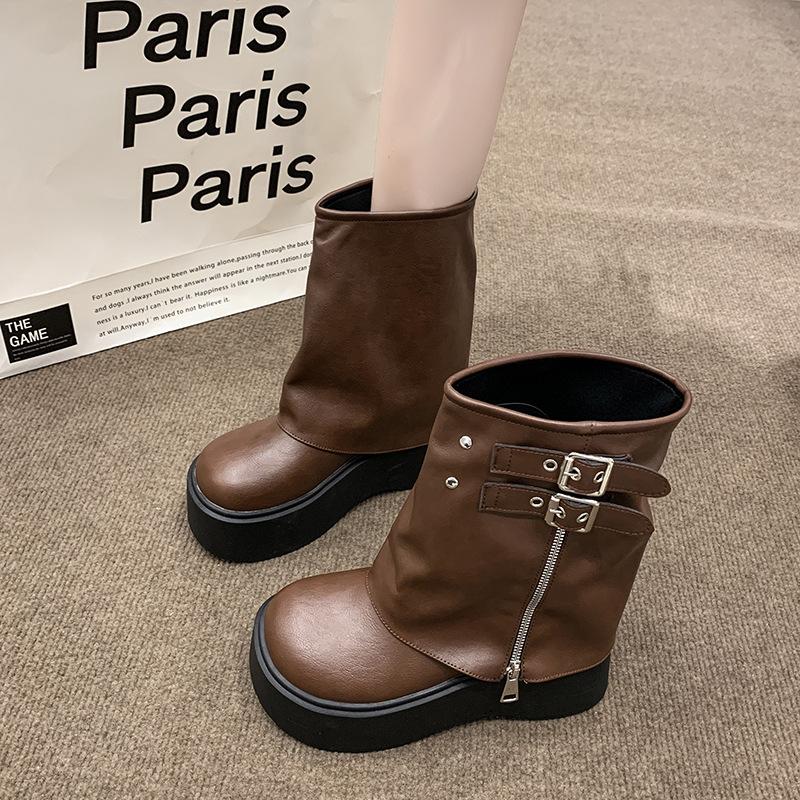 Женские мотоциклетные ботинки на толстом каблуке с платформой, осенние ботинки с пряжкой и ремешком на толстом каблуке, женские модные брюки из искусственной кожи Botas Mujer