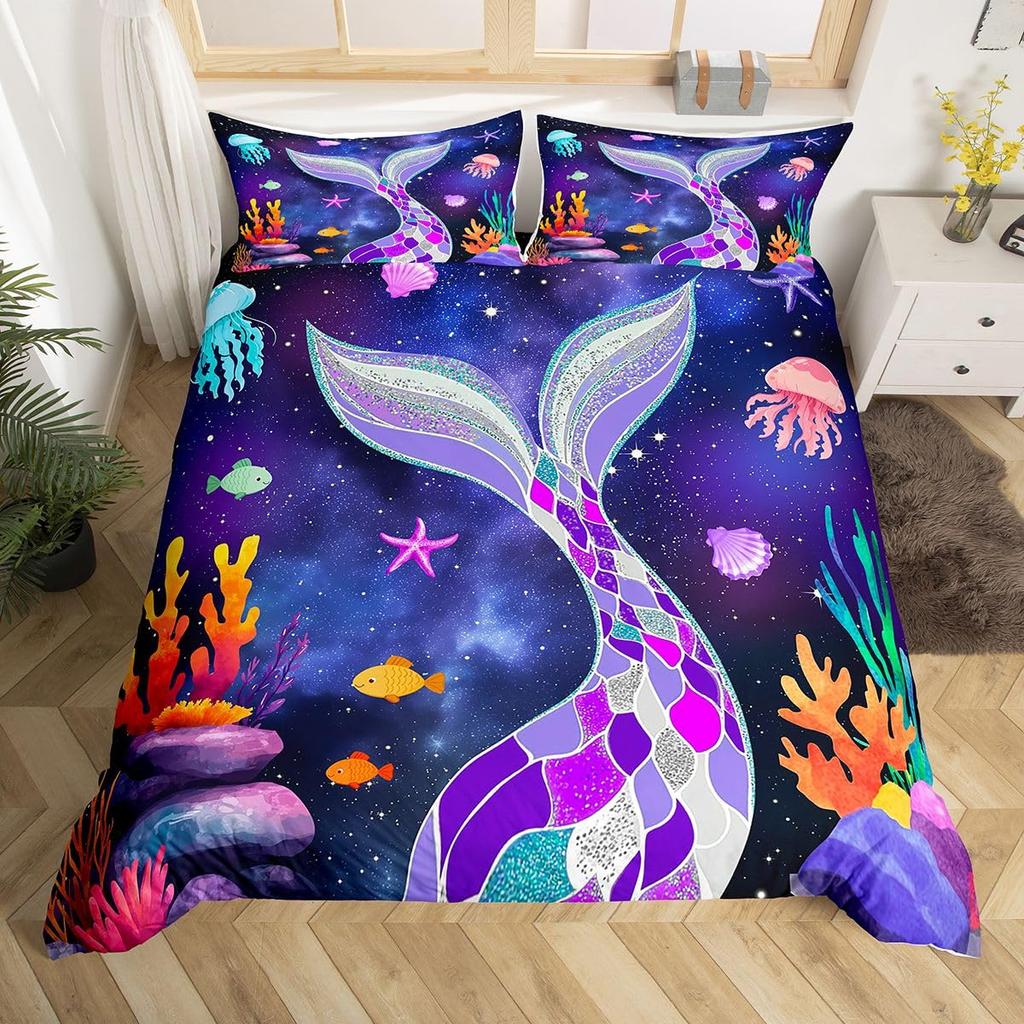 Erosebridal Mermaid Tail Comforter Cover,Kids Fish Scales Duvet Cover Twin,Girly Shell Starfish Bedding Set Ocean Life Sea Animal Bed Sets P