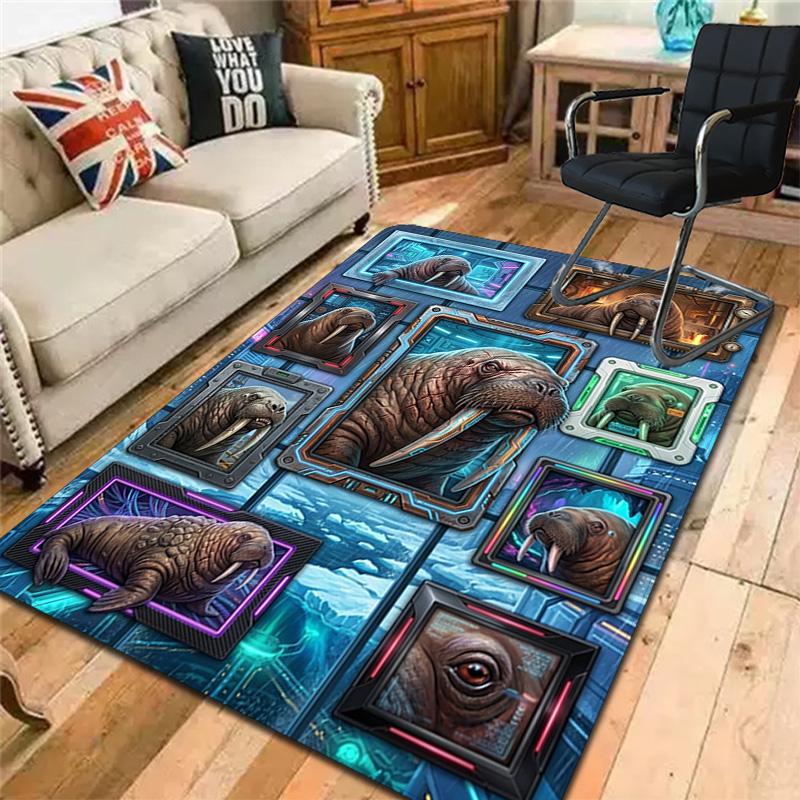 Cybernetic Walrus Portraits Pattern Rug Floor Mat for Living Room or Bedroom Soft and Comfortable Carpet a Gift for Birthday and Holiday.
