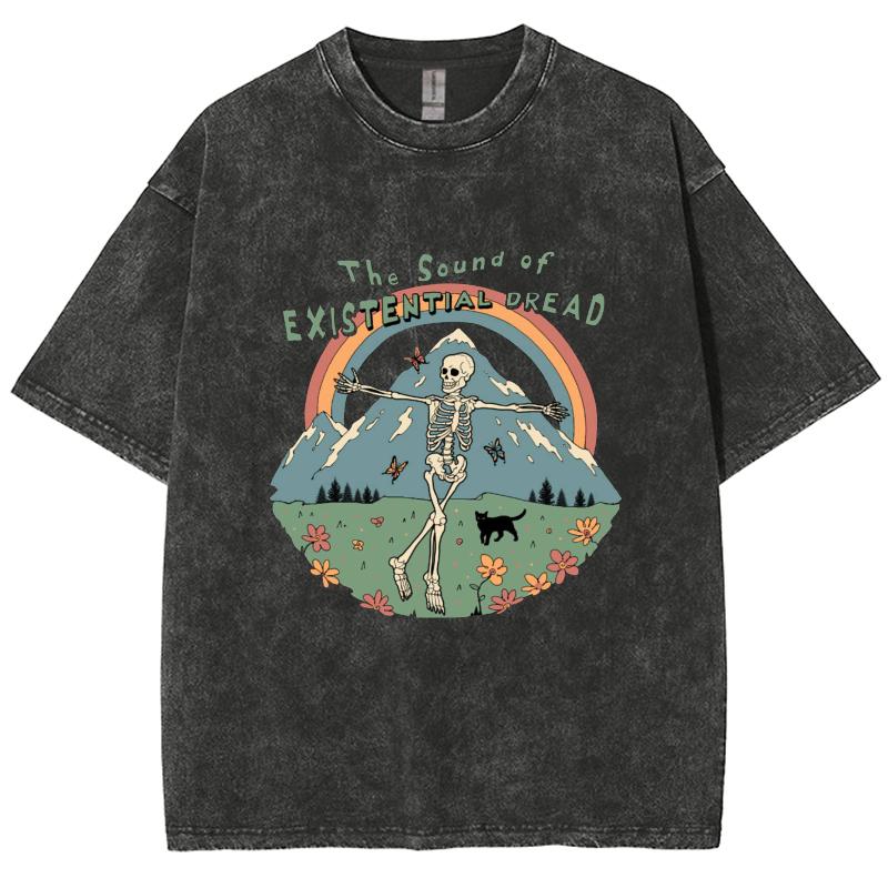 Skull Landscape Print Washed T-Shirt Large Couple Loose Wash Short Sleeve Medium Sleeve Crew Neck Dropped Shoulder