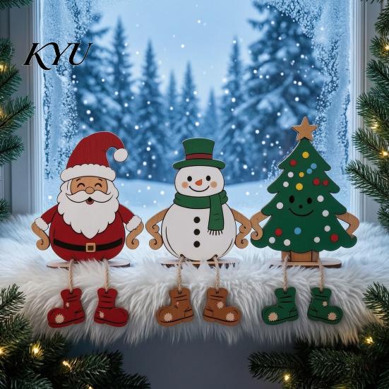 Wooden Santa Claus Figures 3Pcs 2D Christmas Hanging Ornaments, Cartoon Snowman Tree Figurines Cute Winter Window Ornaments with Leg Design,